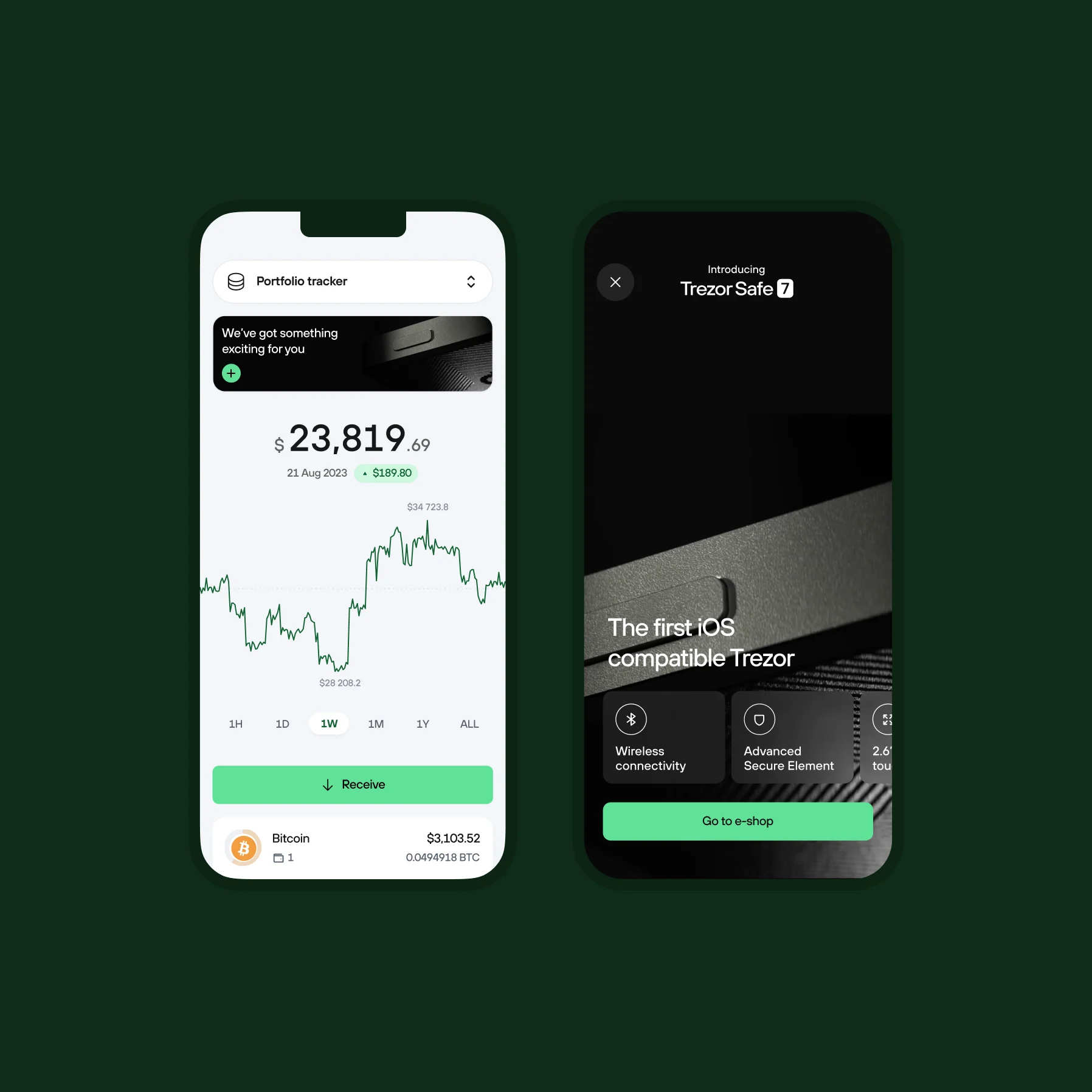 Two app screens on green – a portfolio tracker showing a balance and price chart, and an “Introducing Trezor Safe 7, the first iOS-compatible Trezor” screen with feature chips.